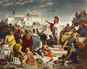 Imagen de un personaje de la grecia clásica haciendo un discurso frente a sus conciudadanos atenienses