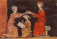 Miniatura medieval que representa un acto de vasallaje, con el siervo arrodillado frente al señor