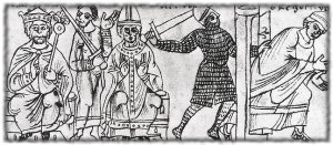 Representación medieval monocromática de la expulsión de Gregorio VII