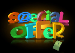 texto "special offer" creado con letras de colores sobre fondo negro 